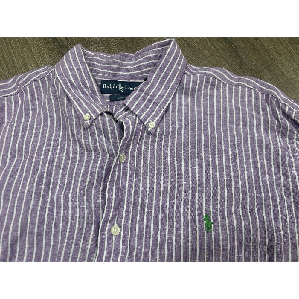 Ralph Lauren Shirt Mens 2XL Linen Purple White Pinstripe Short Sleeve Summer - Picture 2 of 7